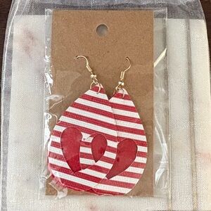 Red and White Striped Heart Teardrop Earrings